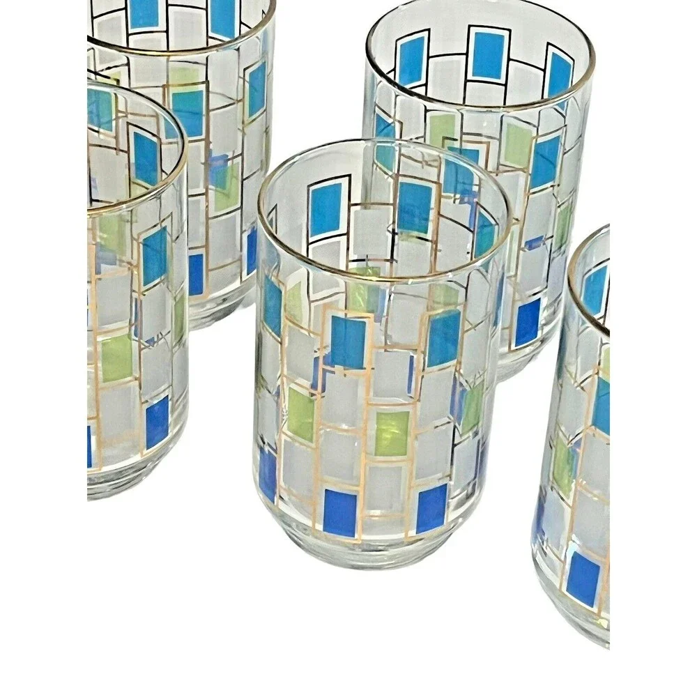 Vintage Mid Century Libbey Juice Cocktail Glasses Nordic Pattern W/Gold Trim